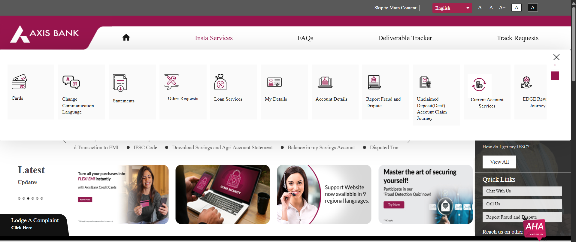 Axis Bank Insta Services page